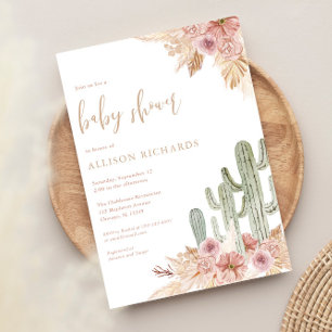 Cactus rosa blommigt boho bohemian Girl Baby dusch Inbjudningar