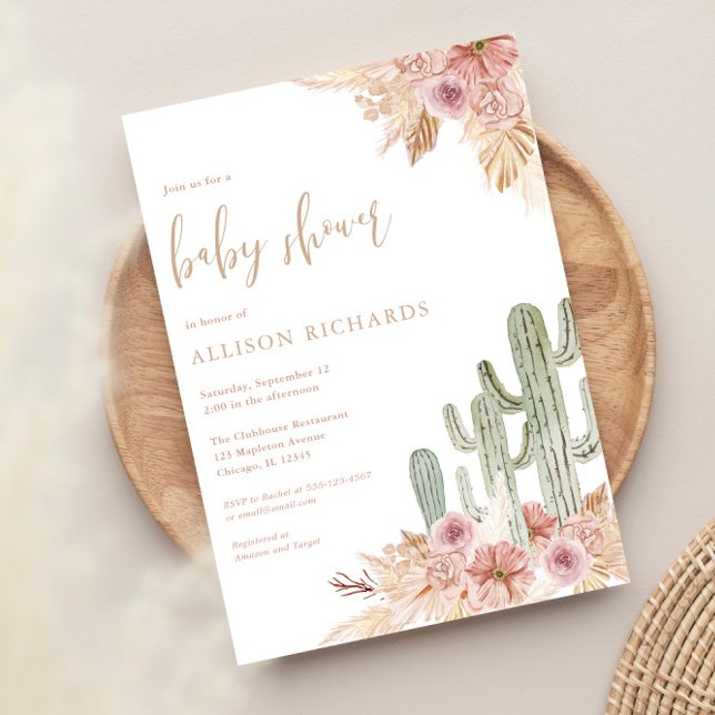 Cactus rosa blommigt boho bohemian Girl Baby dusch Inbjudningar (Skapare uppladdad)