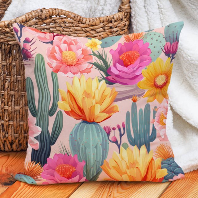 Cactus Rosa Gult Orange Grönt Desert Kudde (Cactus with pink and yellow floral pillow)