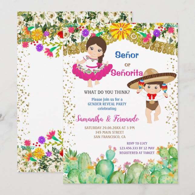 Cactus Señor eller Señorita Fiesta Gender Reveal Inbjudningar (Fram/baksida)