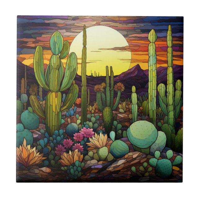 Cactus Stached Glass Ceramic Tile Kakelplatta (Framsidan)