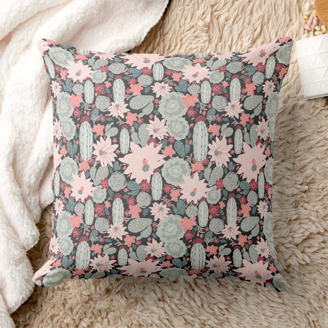 Cactus Succulants in Pinks Mint Mönster Kudde (Cactus And Succulent Plants Pink Mint Pattern Throw Pillows from Jenn's Emporium. )