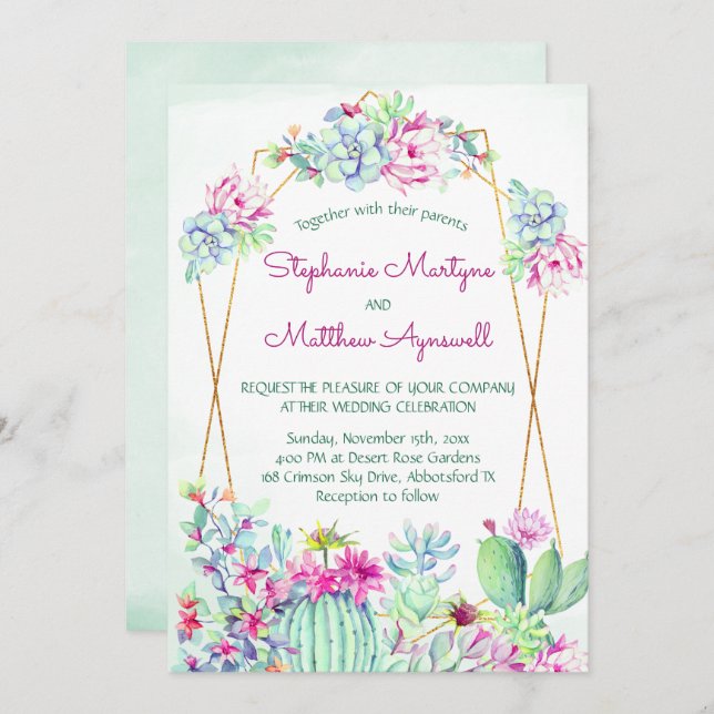 Cactus Succulent Geometric Botanical Bröllop Inbjudningar (Fram/baksida)