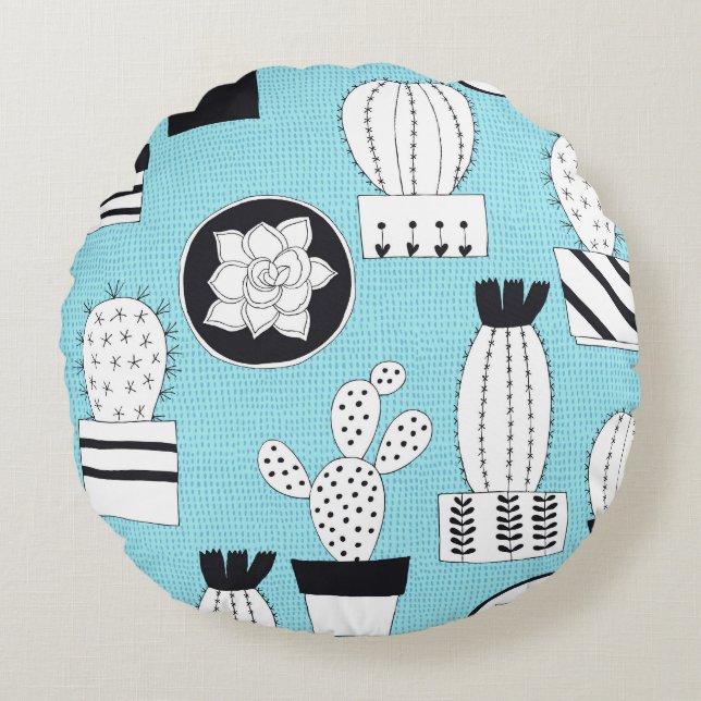 Cactus, succulent: handdragen, sömlös design. rund kudde (Framsidan)