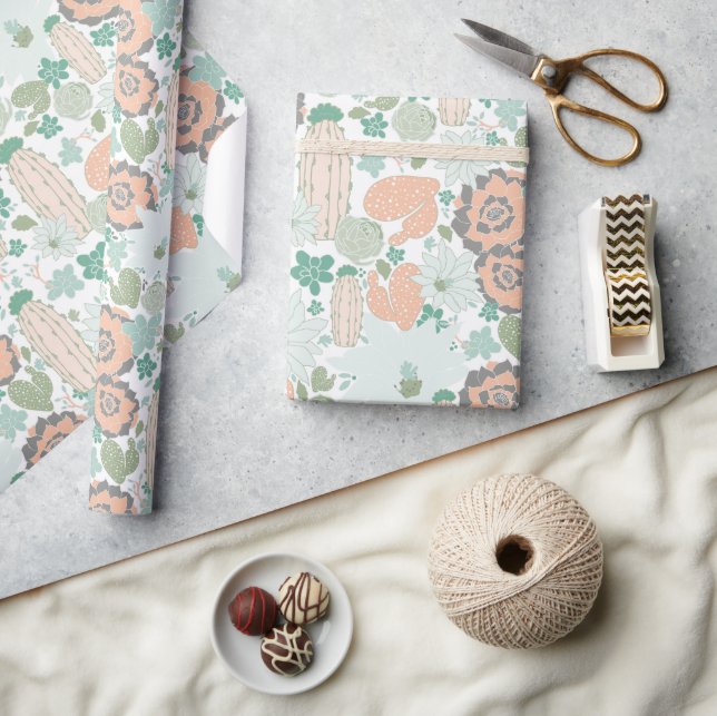 Cactus Succulent Mönster Coral Grönt Presentpapper (Hantverk)