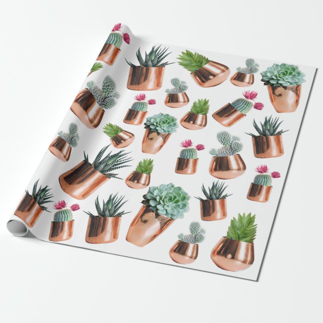 Cactus & Succulents i Ro Guld Pots Presentpapper (Utrullad)