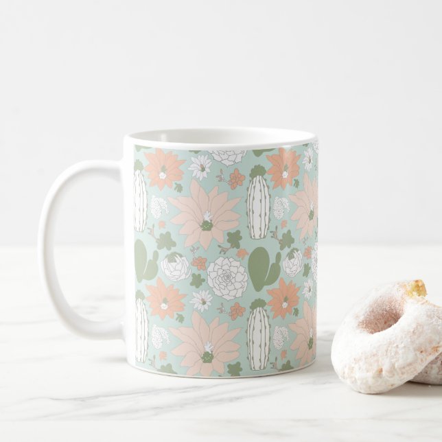 Cactus Succulents Roligt Peach Mint Blommigt Kaffemugg (Med munk)