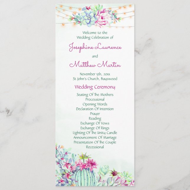 Cactus Succulents String Ljus Bröllopsprograms Program (Framsida)