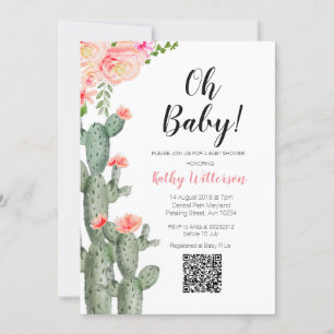 Cactus Succulous Girl Baby duswers Rosa Flowers QR Inbjudningar