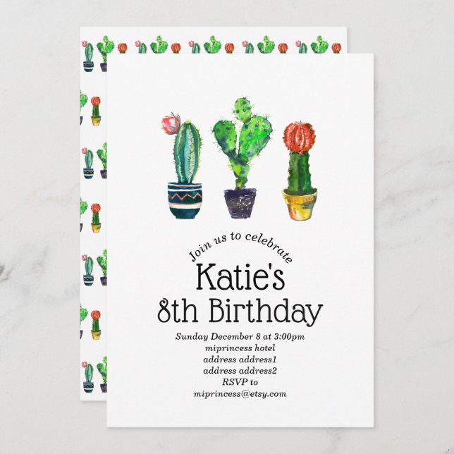 cactus, succulous, water color, fiesta, mexican, inbjudningar (Fram/baksida)