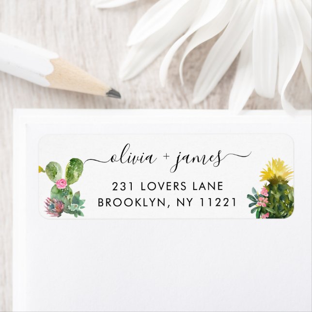 Cactus Succult Cacti Desert Blommigt Vattenfärg Returadress Etikett (Insitu)