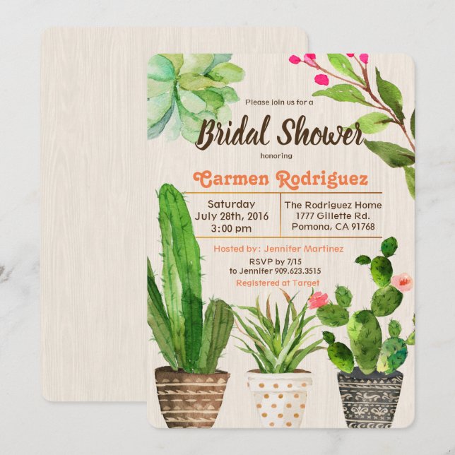 Cactus Sukkulent Blommig Bröllopsfest Inbjudan (Fram/baksida)