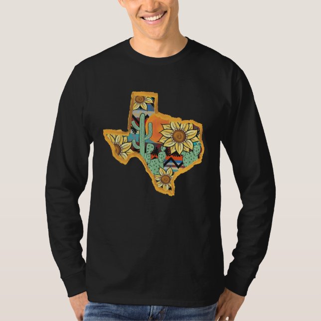 Cactus & Sunflower Texas Map Texas State Texas Hom T Shirt (Framsida)