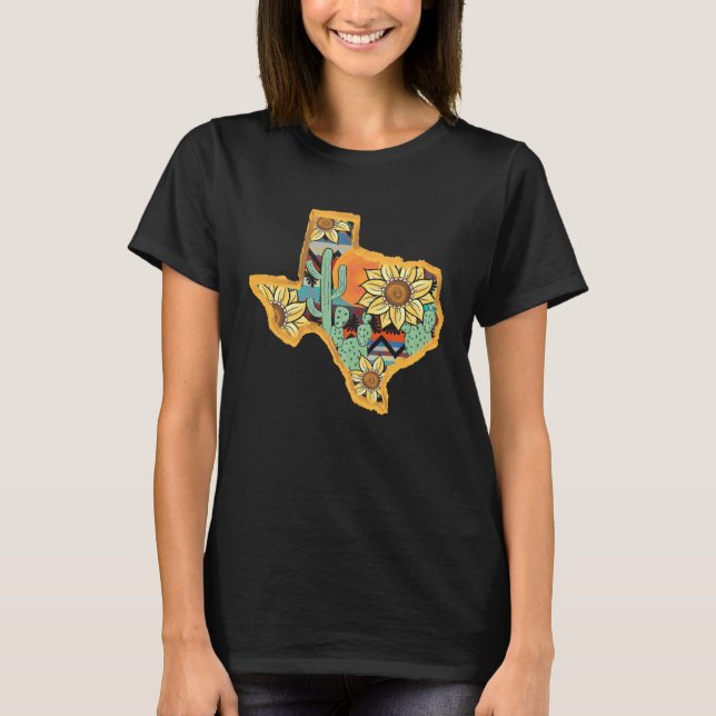 Cactus & Sunflower Texas Map Texas State Texas Hom T Shirt (Framsida)