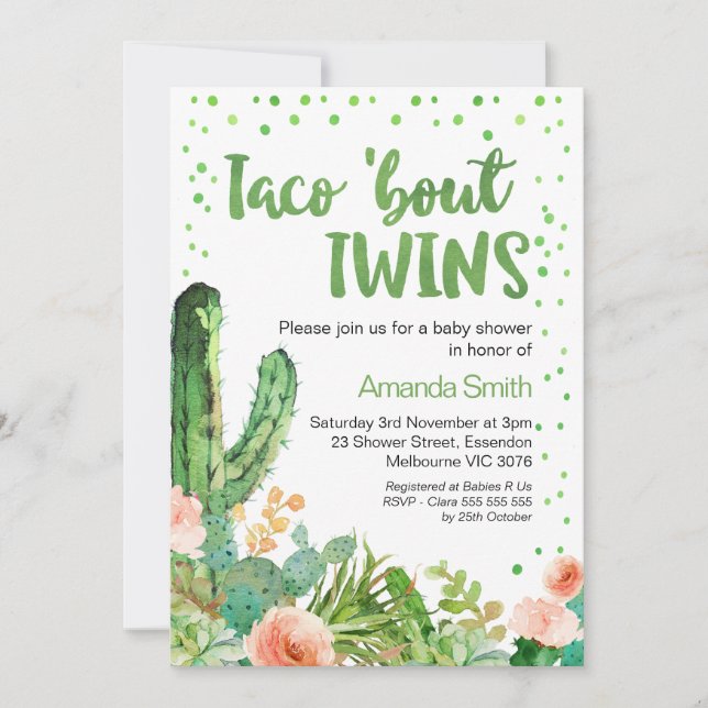 Cactus Taco "Bout Twillingars Fiesta Baby Shower Inbjudningar (Framsida)