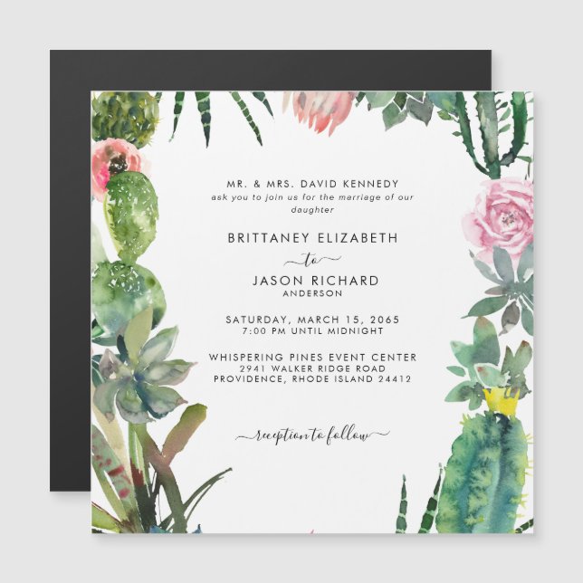 Cactus Tropical Square Wedding Magnet (Fram/baksida)