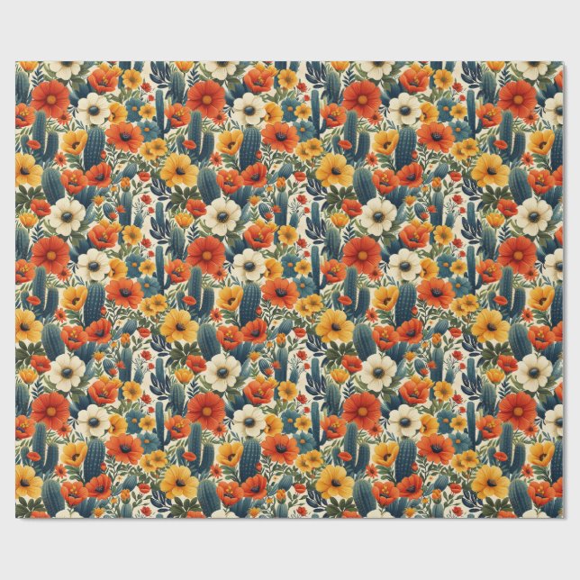 Cactus Vild Flowers Red Cream Blommigts Decoupage Presentpapper (Platt)