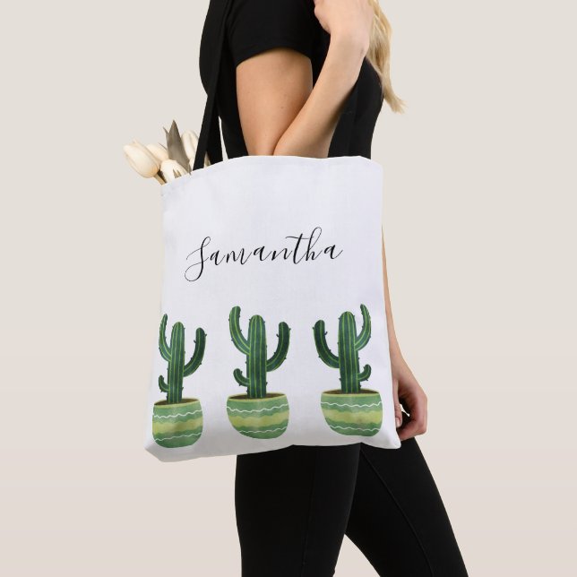 Cactus Watercolor Namn Tote Tygkasse (Närbild)