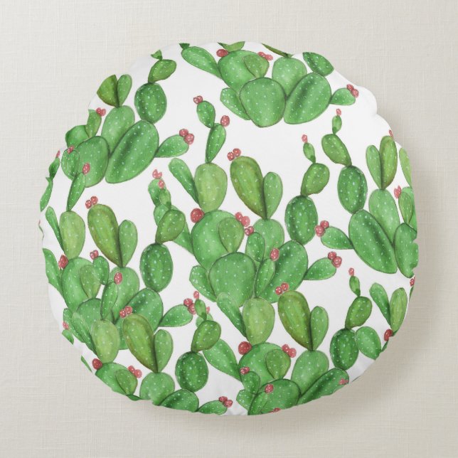 Cactus Watercolor: Seamless Mönster Background Rund Kudde (Framsidan)