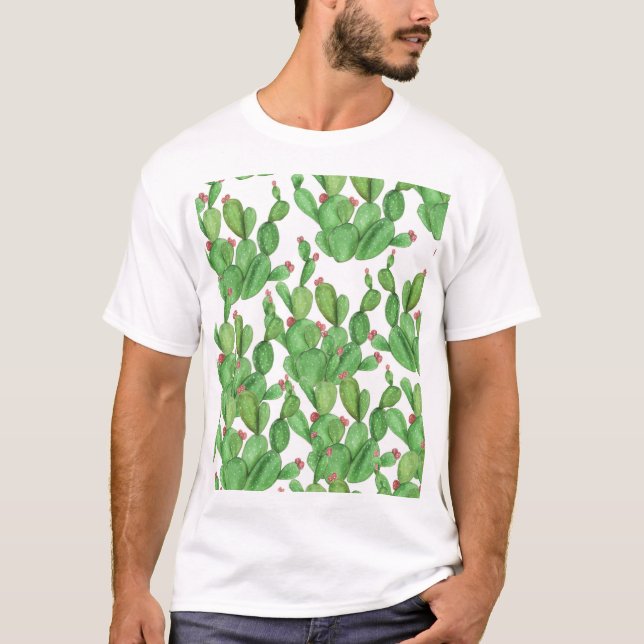 Cactus Watercolor: Seamless Mönster Background T Shirt (Framsida)