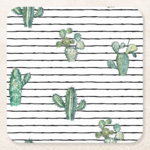 Cactus Watercolor: Vintage Pen Teckning. Underlägg Papper Kvadrat