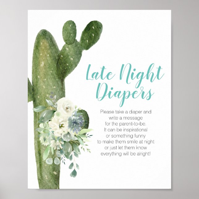 Cactus White Flowers Late Sate Night Diaper Sign Poster (Framsidan)