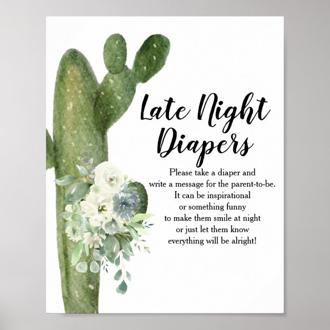 Cactus White Flowers Late Sate Night Diaper Sign Poster (Framsidan)