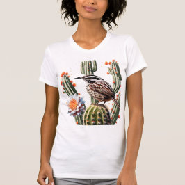 Cactus Wren, omringad av Saguaro Cactus Blommar T Shirt