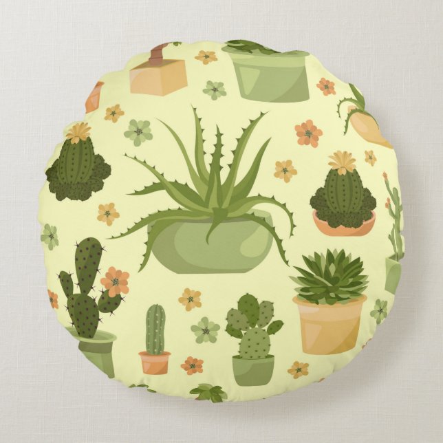 Cactuses and succulents seamless mönster. Housepla Rund Kudde (Framsidan)