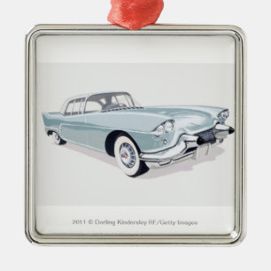 Cadillac 1957 med silhouetten av chaufförinsida julgransprydnad metall