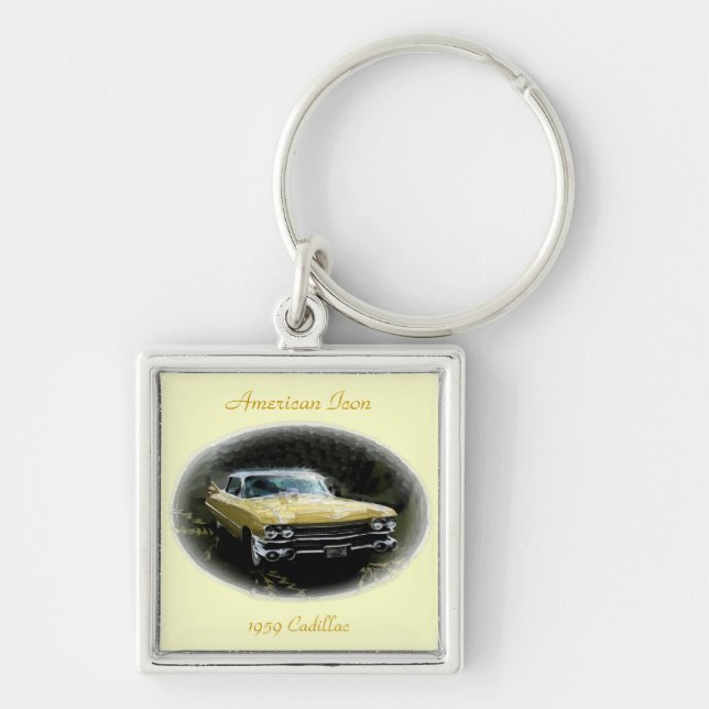 Cadillac 1959 fyrkantig silverfärgad nyckelring (Framsidan)