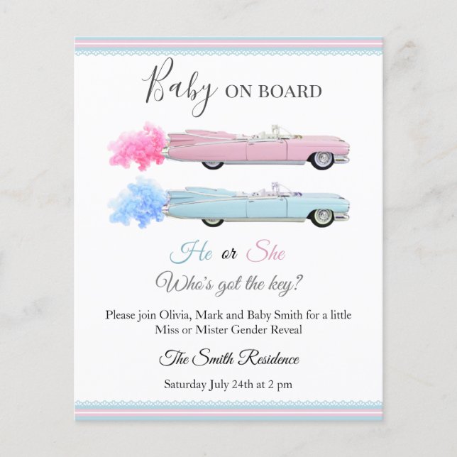Cadillac Bil Baby ombord köns avtäckning inbjudan (Framsida)