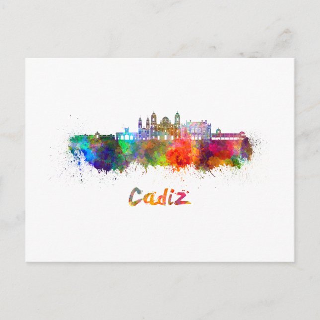 Cadiz skyline in watercolor vykort (Framsida)