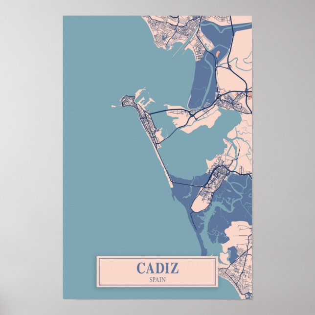 Cadiz Spanien Blåsiga Stadskarta Resa Poster (Framsidan)
