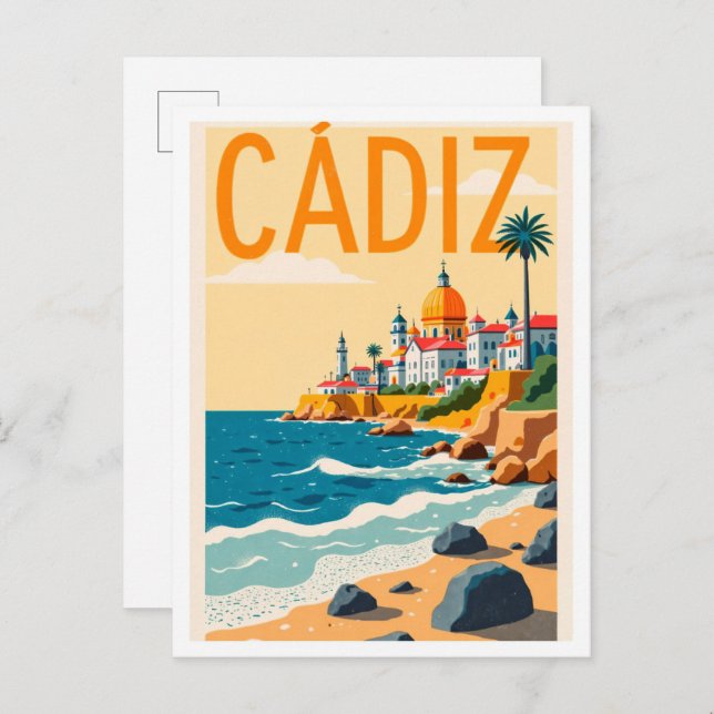 Cadiz Spanien Konst Vintage Illustration Resa Vykort (Fram/baksida)