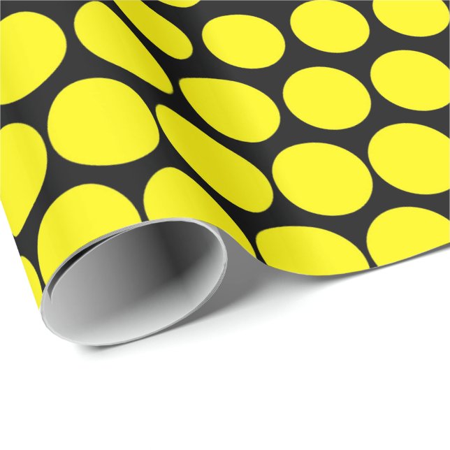 Cadmium Gult Polka Dot Modern Black Presentpapper (Rullad Hörn)