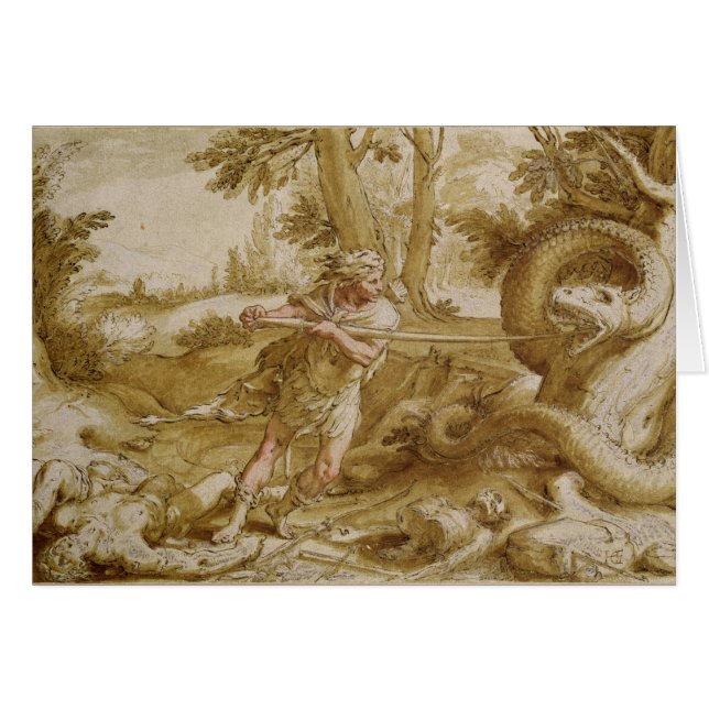 Cadmus omkring som anfaller en drake hälsningskort (Framsidan Horizontal)
