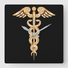 Caduceus Black och Guld Wall Clock Fyrkantig Klocka