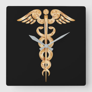 Caduceus Black och Guld Wall Clock Fyrkantig Klocka