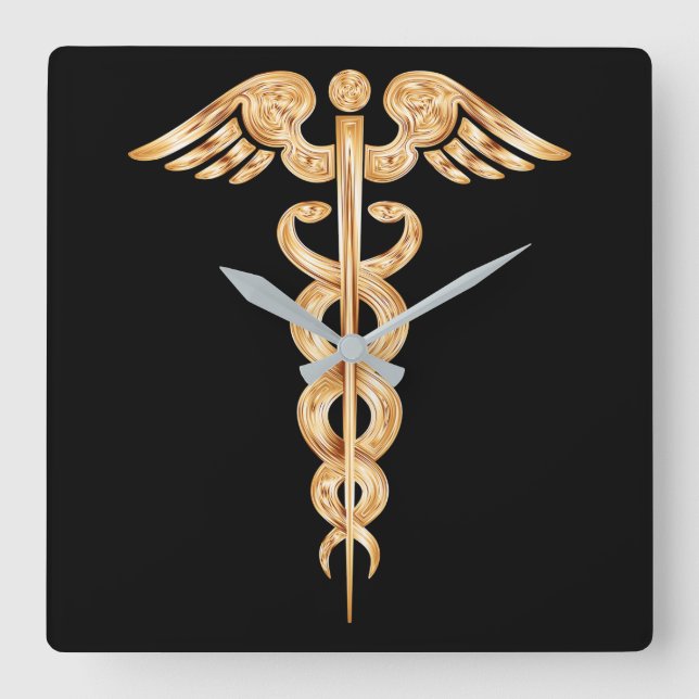 Caduceus Black och Guld Wall Clock Fyrkantig Klocka (Framsida)