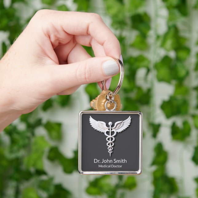 Caduceus Clean White Detailed Anthracite Medical Fyrkantig Silverfärgad Nyckelring (Hand)