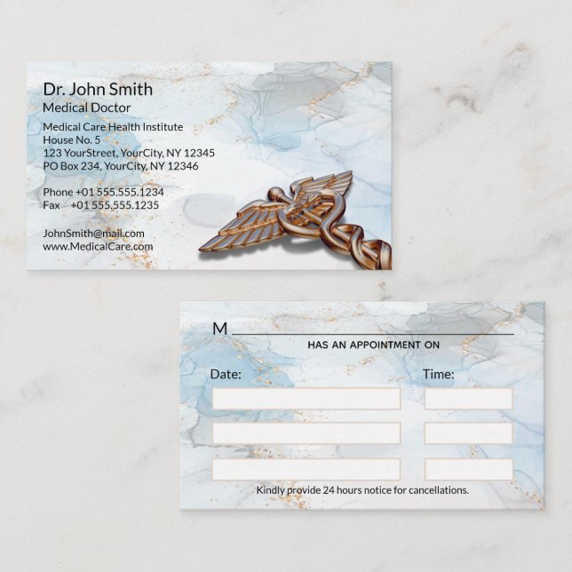 Caduceus Copper Ro Guld Medical Luxury Marble Tidsbeställning Kort (Fram/baksida)