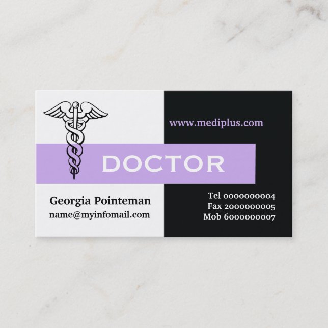 Caduceus doktor minimalistisk svart, vit, lavender visitkort (Framsida)