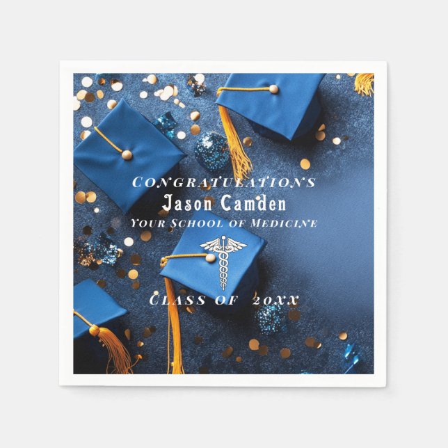 Caduceus Elegant Guld Vit Marinblå Examen Pappersservett (Framsidan)