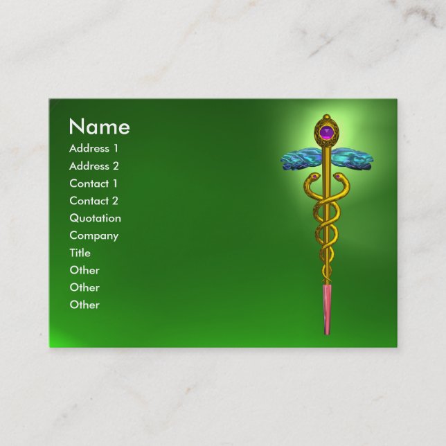 CADUCEUS, EMERALD GRÖNT vibrant guld ametyst rosa Visitkort (Framsida)