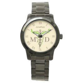 Caduceus Grönt Lövs Beige Medical Doktor Armbandsur