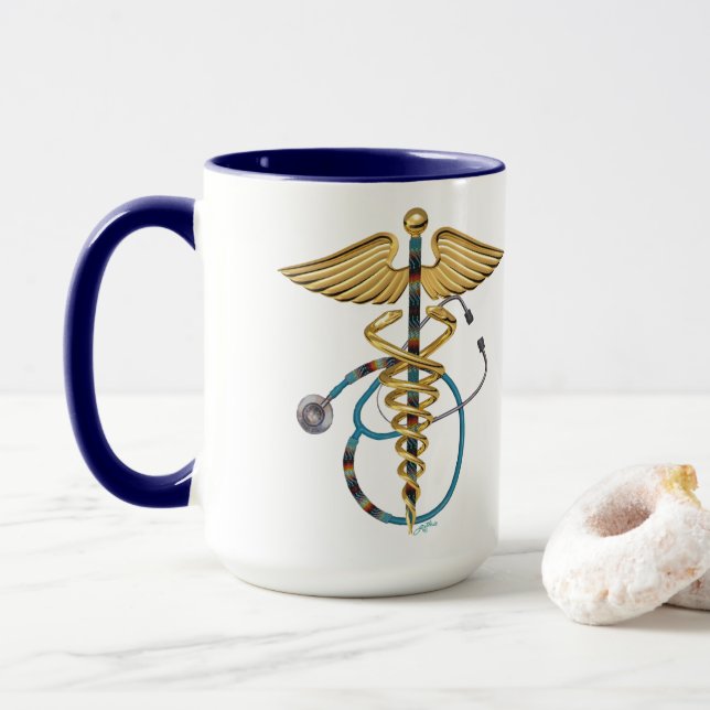 Caduceus med Beaded Stethoscope Blue och White Mugg (Med munk)