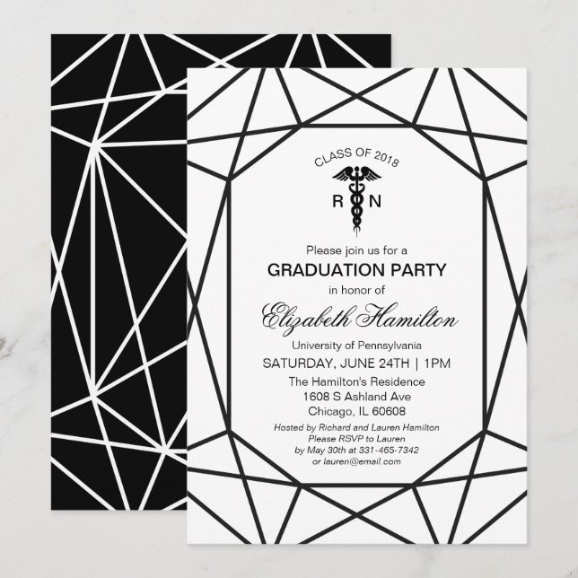 Caduceus Medical Nursing School Chic Black & White Inbjudningar (Fram/baksida)