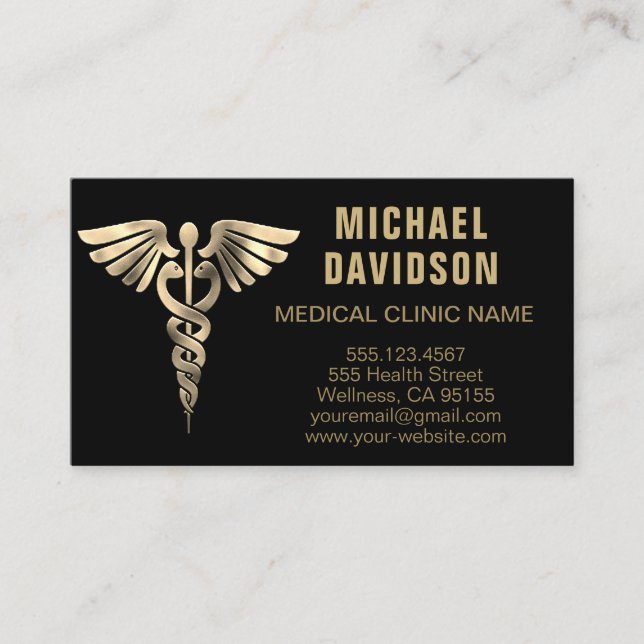 Caduceus Medical Symbol - Guld, Black, White Busin Visitkort (Framsida)