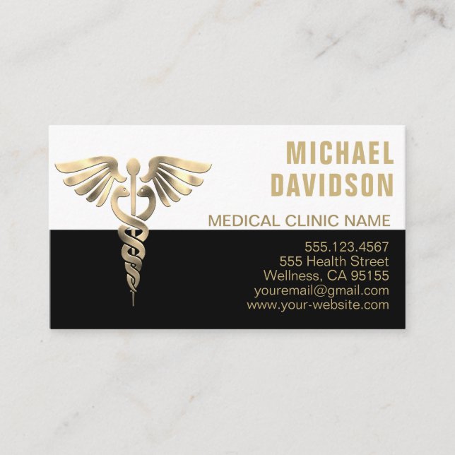 Caduceus Medical Symbol - Guld, Black, White Busin Visitkort (Framsida)